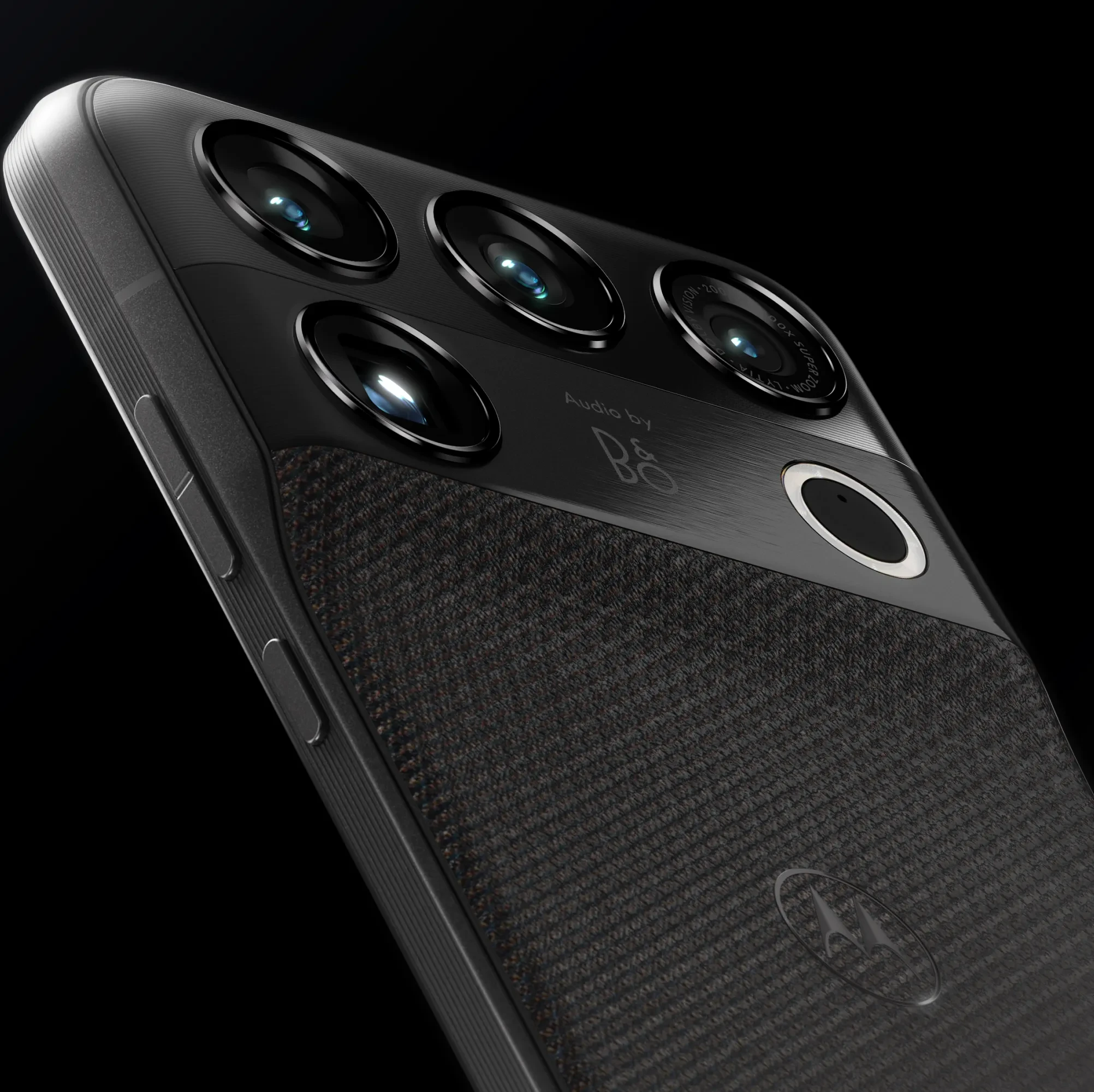 Motorola Edge smartphone in black featuring Audio by Bang & Olufsen branding.
