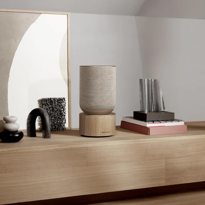 Beosound Balance Natural oak on a wooden shelf