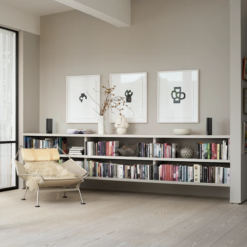 Two stereo paired Beosound Emerge in a livingroom