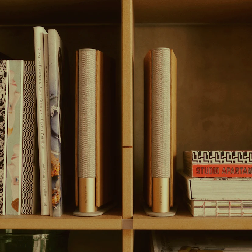 Book-like speaker Beosound Emerge Light Oak placed on a bookshelf