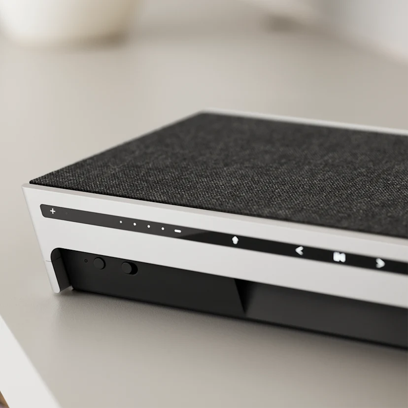 Detail view of the touch controls in Beosound Level Natural - Dark Grey