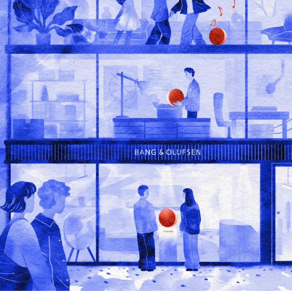 Illustration of people infront the Bang & Olufsen store, symbolizing that you can shop Reloved products in stores.