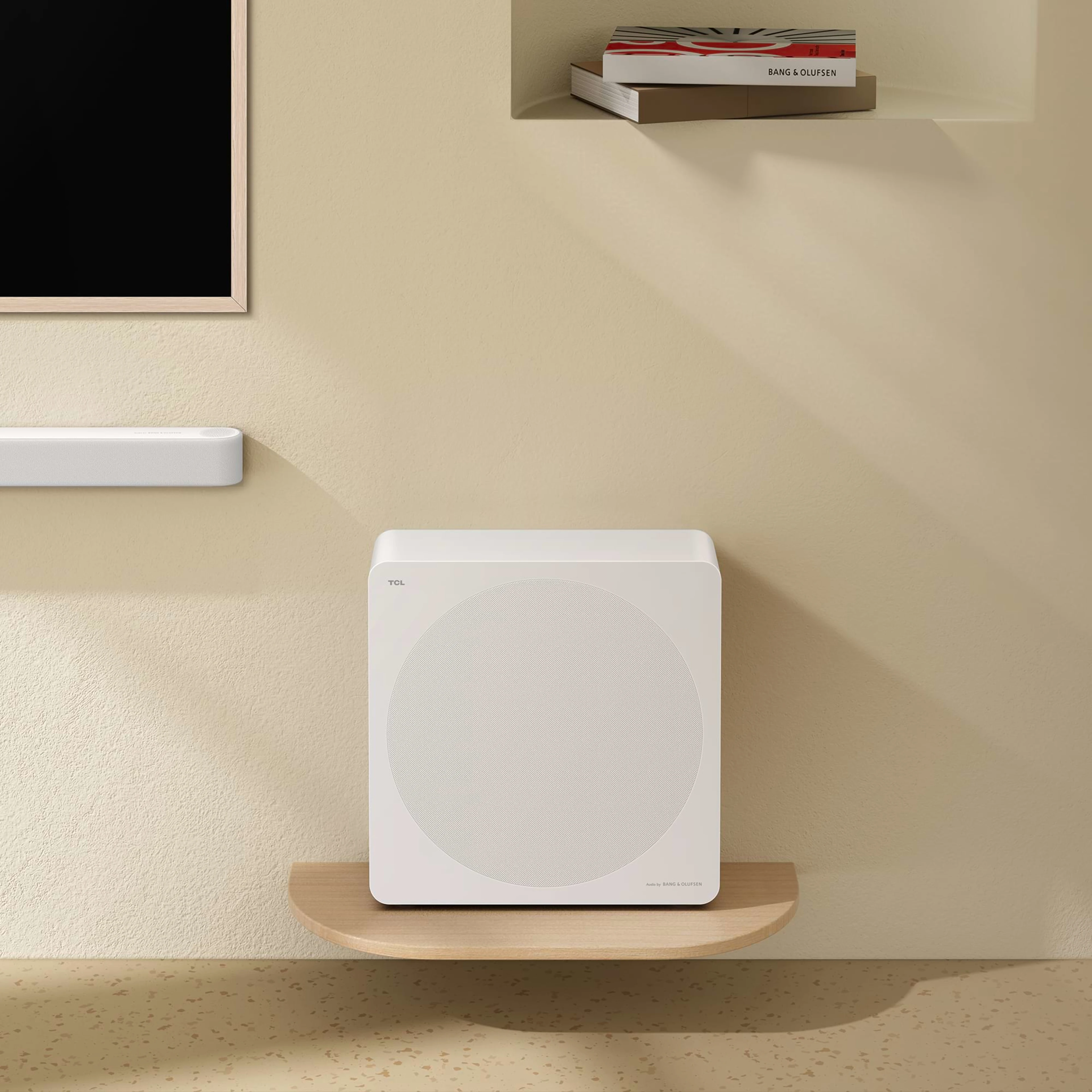 TCL speaker standing up against a wall