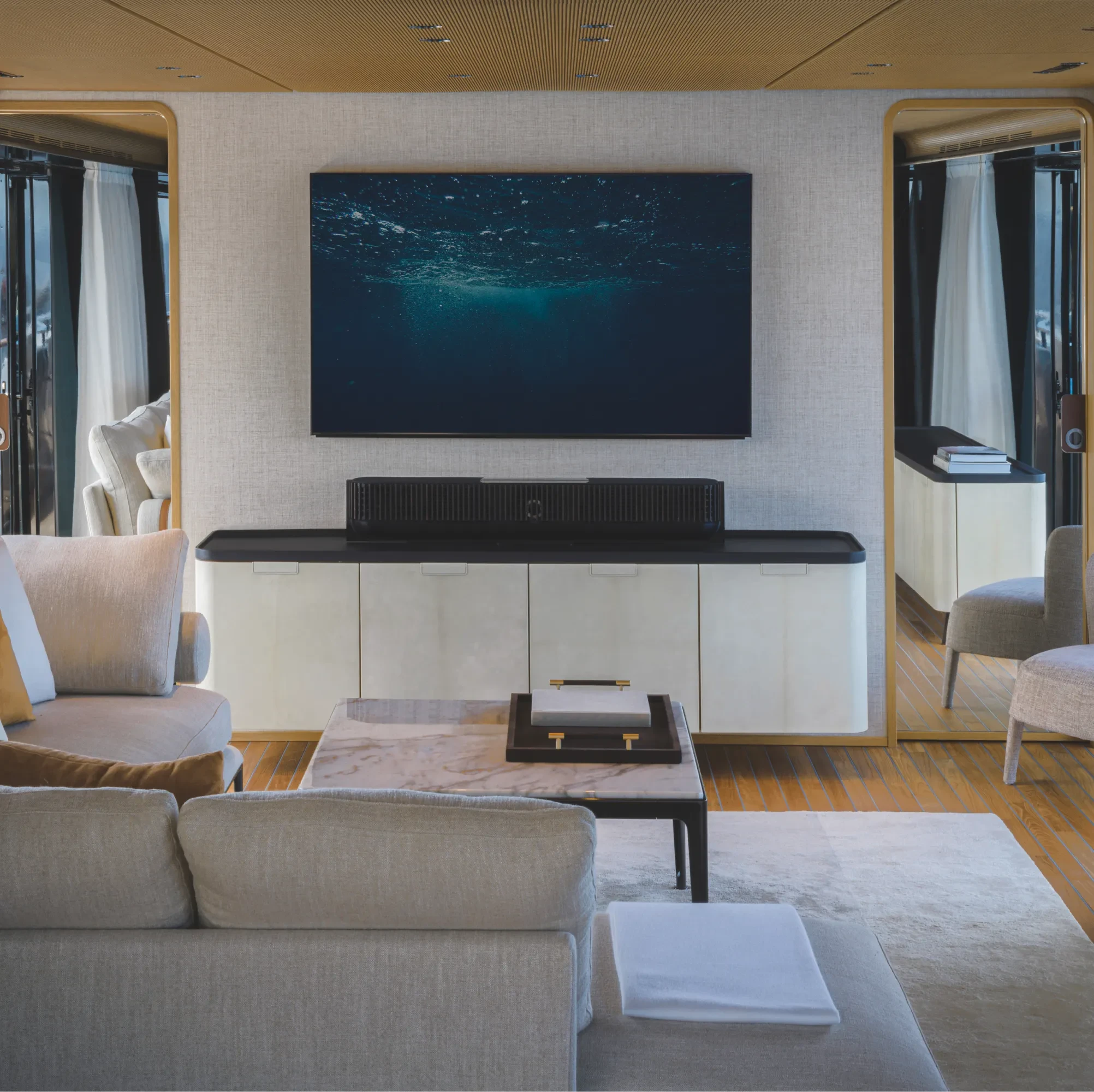 Beosound Theatre Soundbar in a living room of a Ferretti yacht