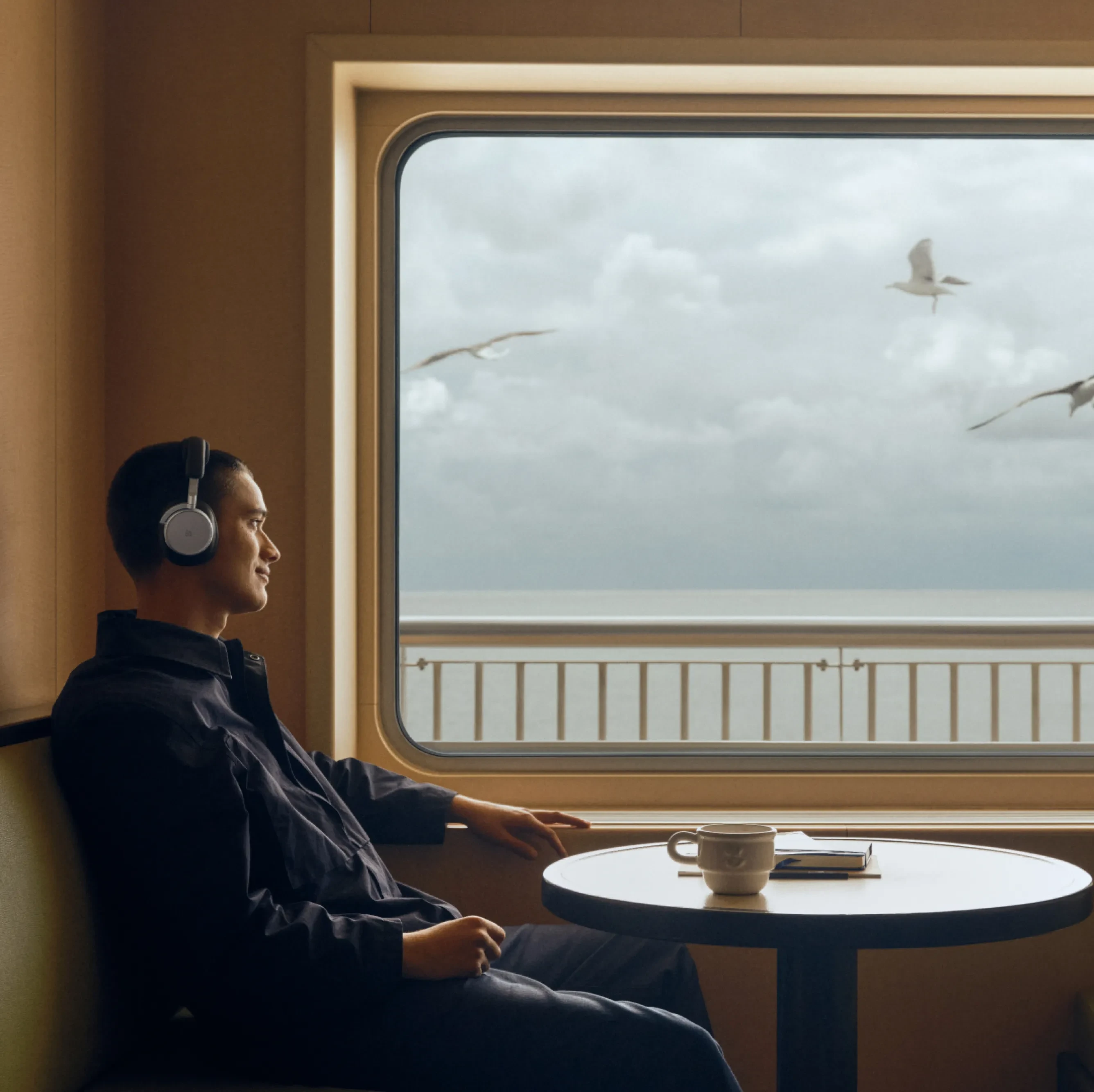 電車内でBeoplay H100を装着して座っている男性