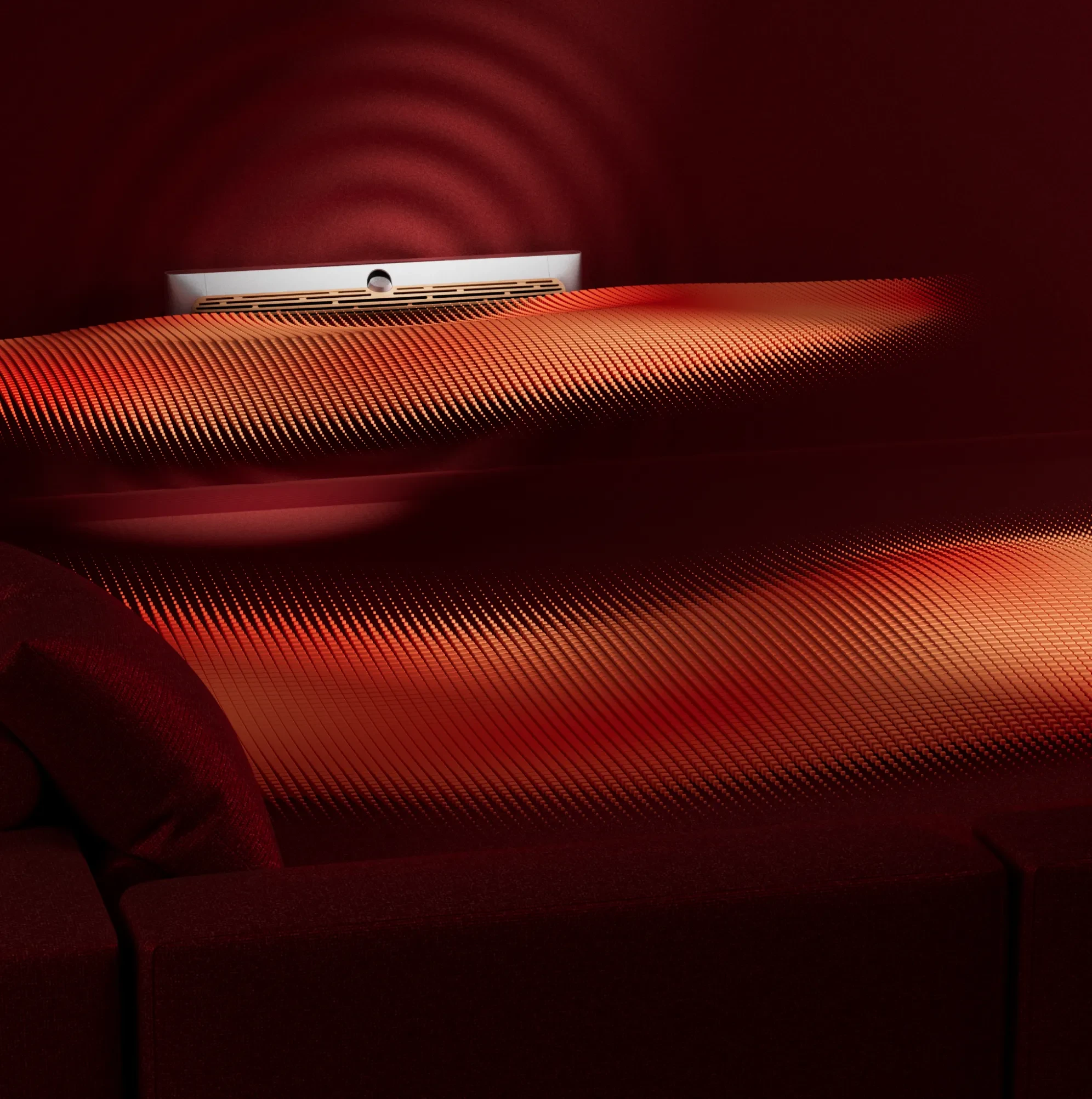 Beosound Premiere soundbar describing the spatial enhanncement with soundwaves coming out from it