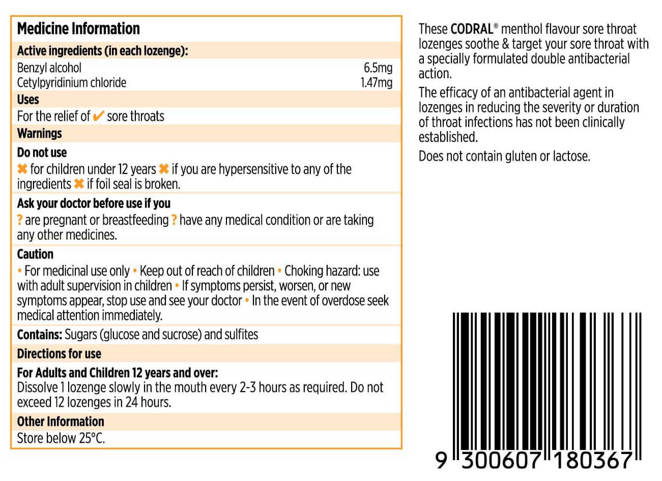 Codral Sore Throat Lozenge Menthol - Image 2 - Codral - en-AU