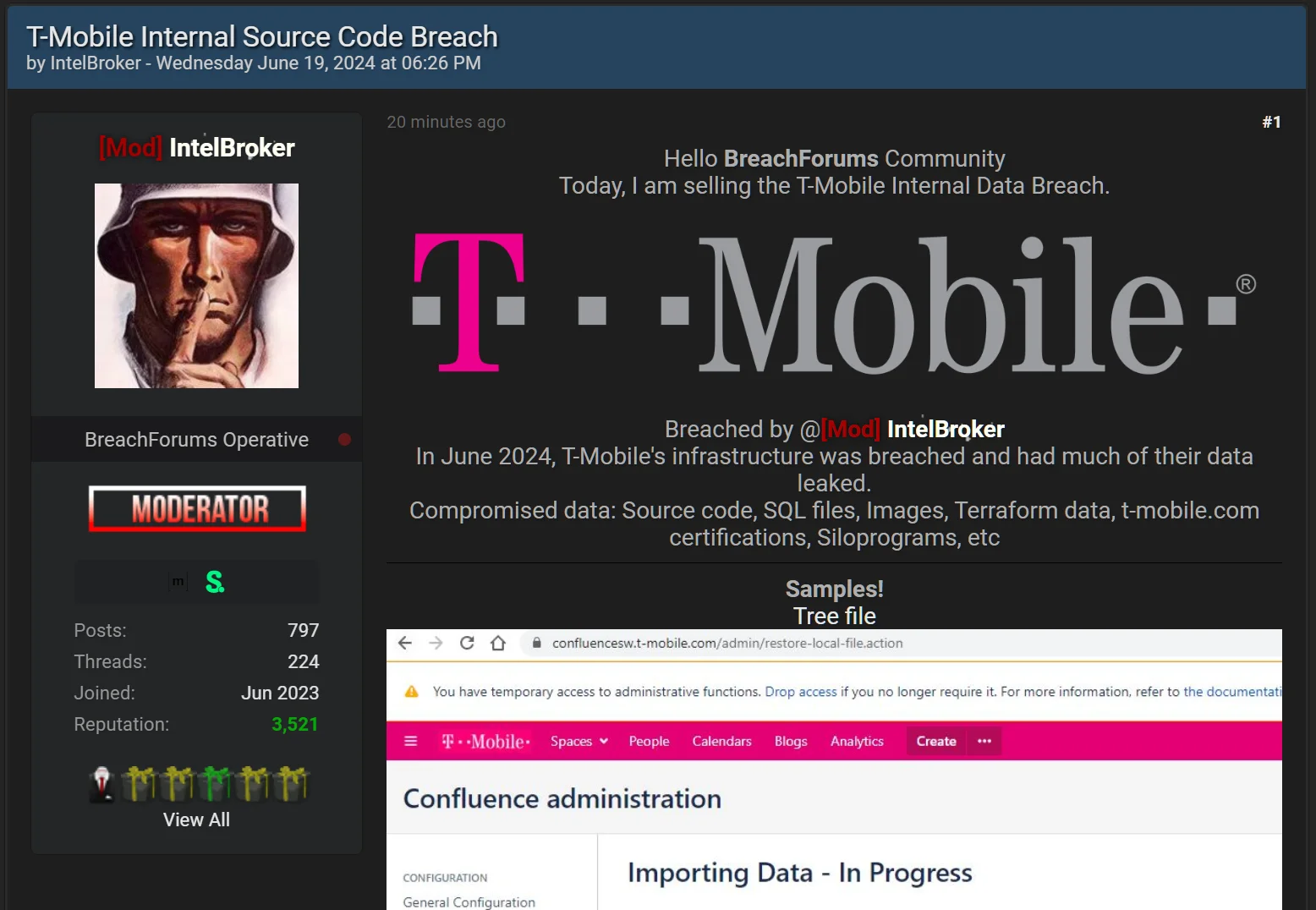 Screengrab of IntelBroker sharing T-Mobile information from data breach