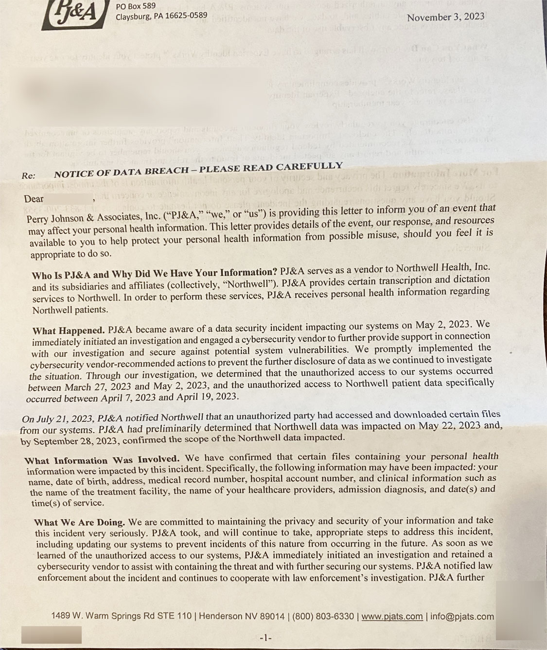A letter containing the details of the data breach at PJ&A