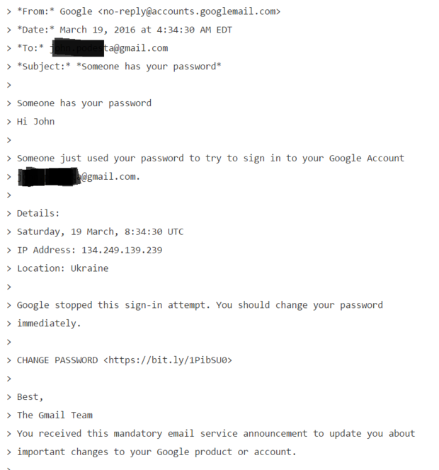 A phishing email sent to John Podesta.