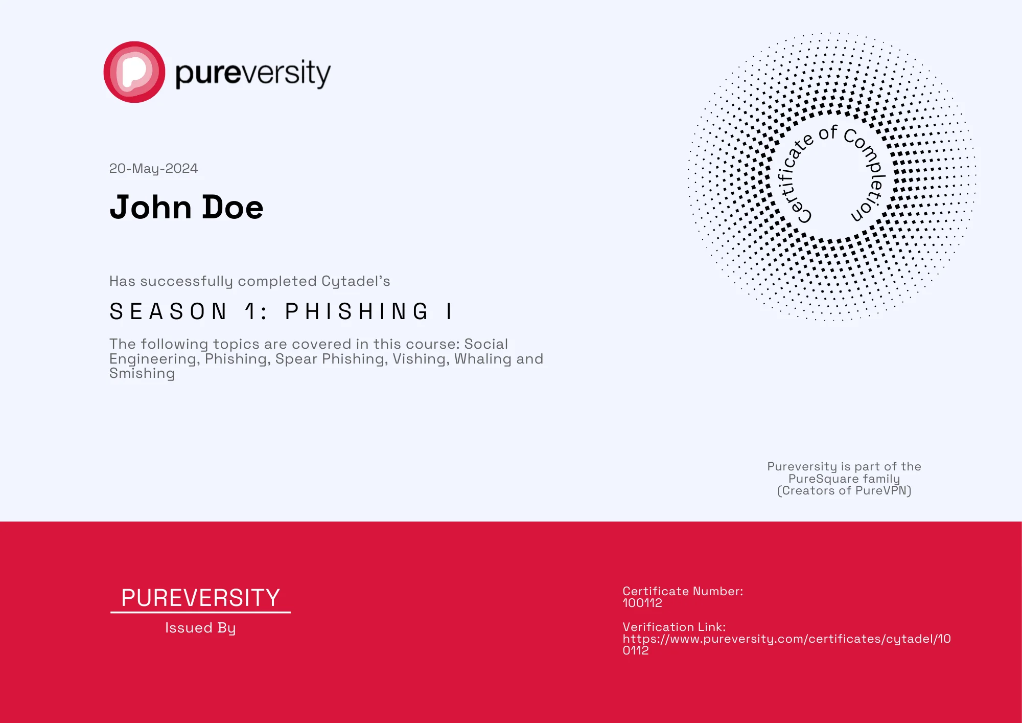 Certificate issued by Pureversity after completing seasonal content successfully