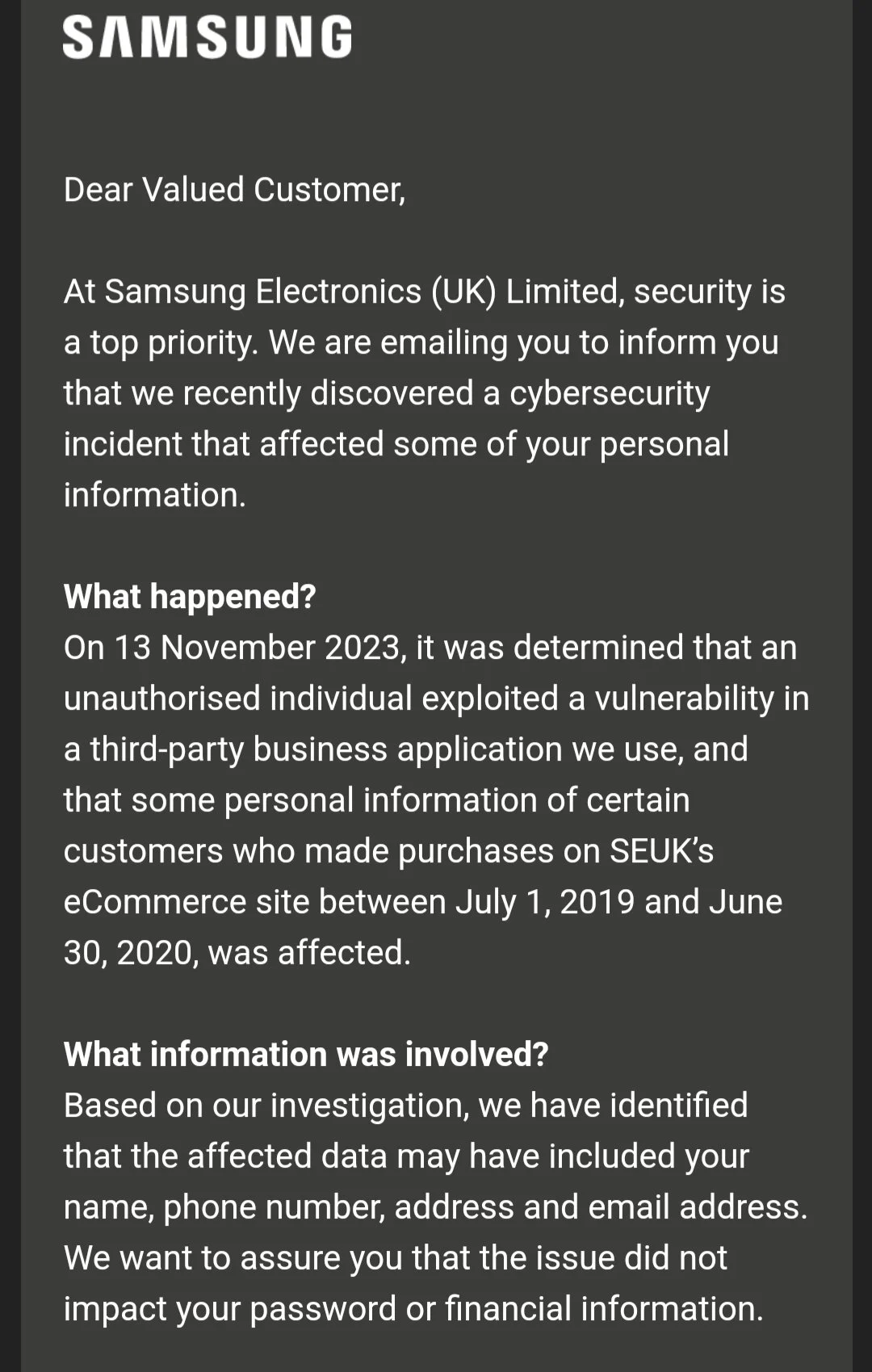 Screenshot of an email Samsung sent informing of a data breach