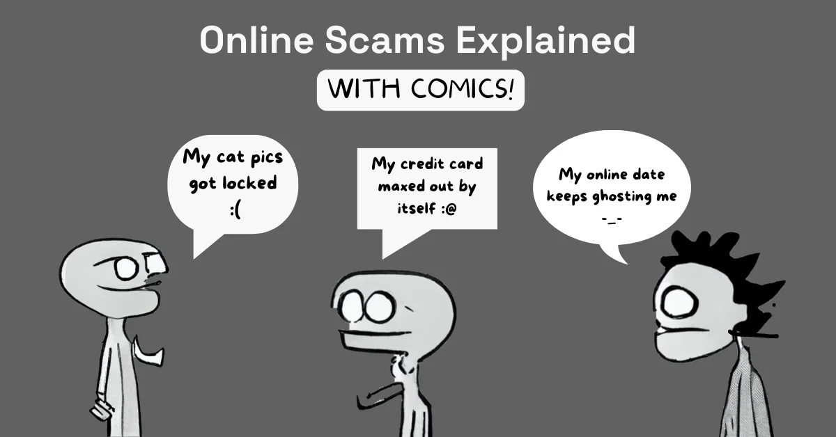 A feature image for a blog about many different types of online scams out there.