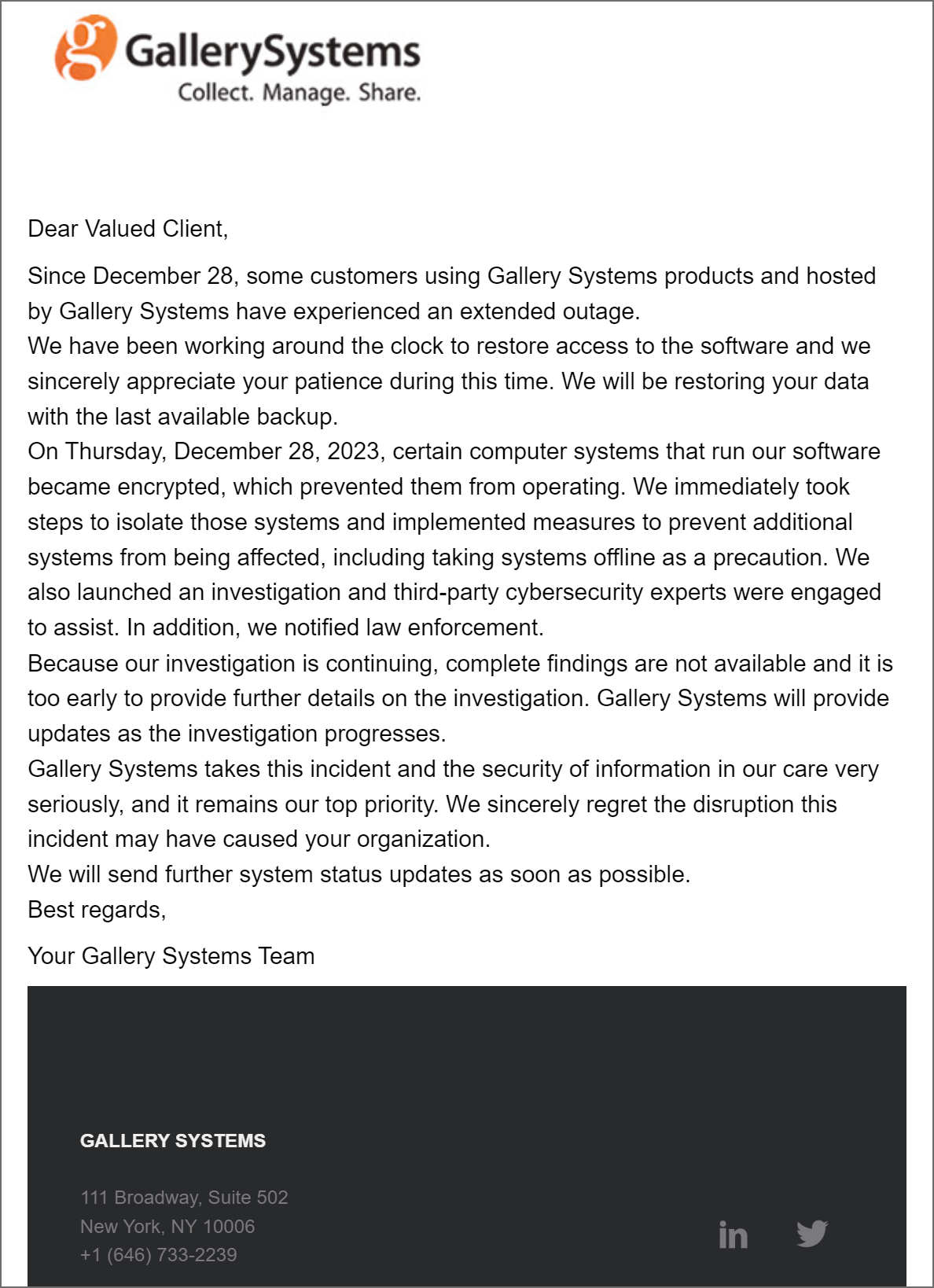 Gallery Systems statement following the cyber attack