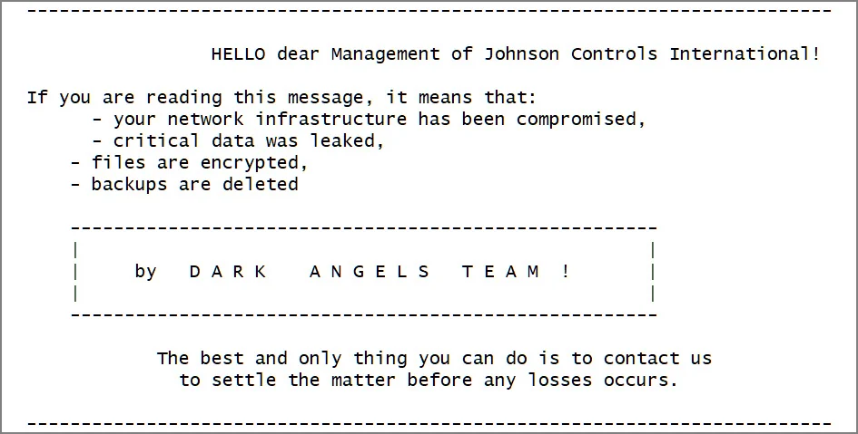 the ransom note left by Dark Angels group