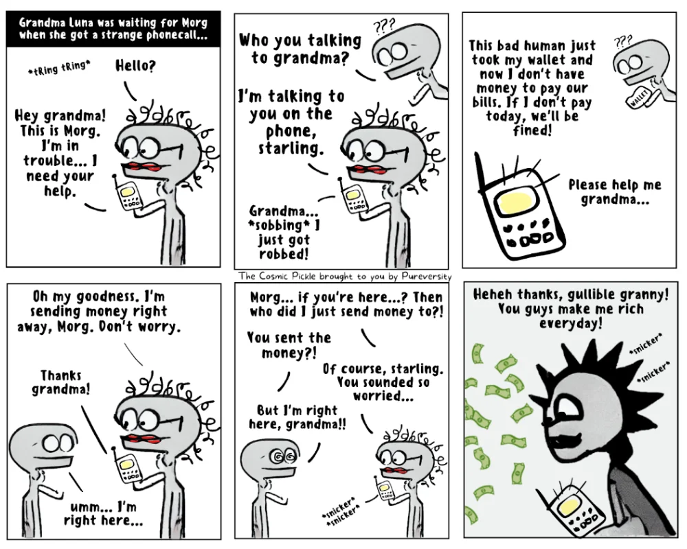 This comic strip explains how a grandparent scam happens