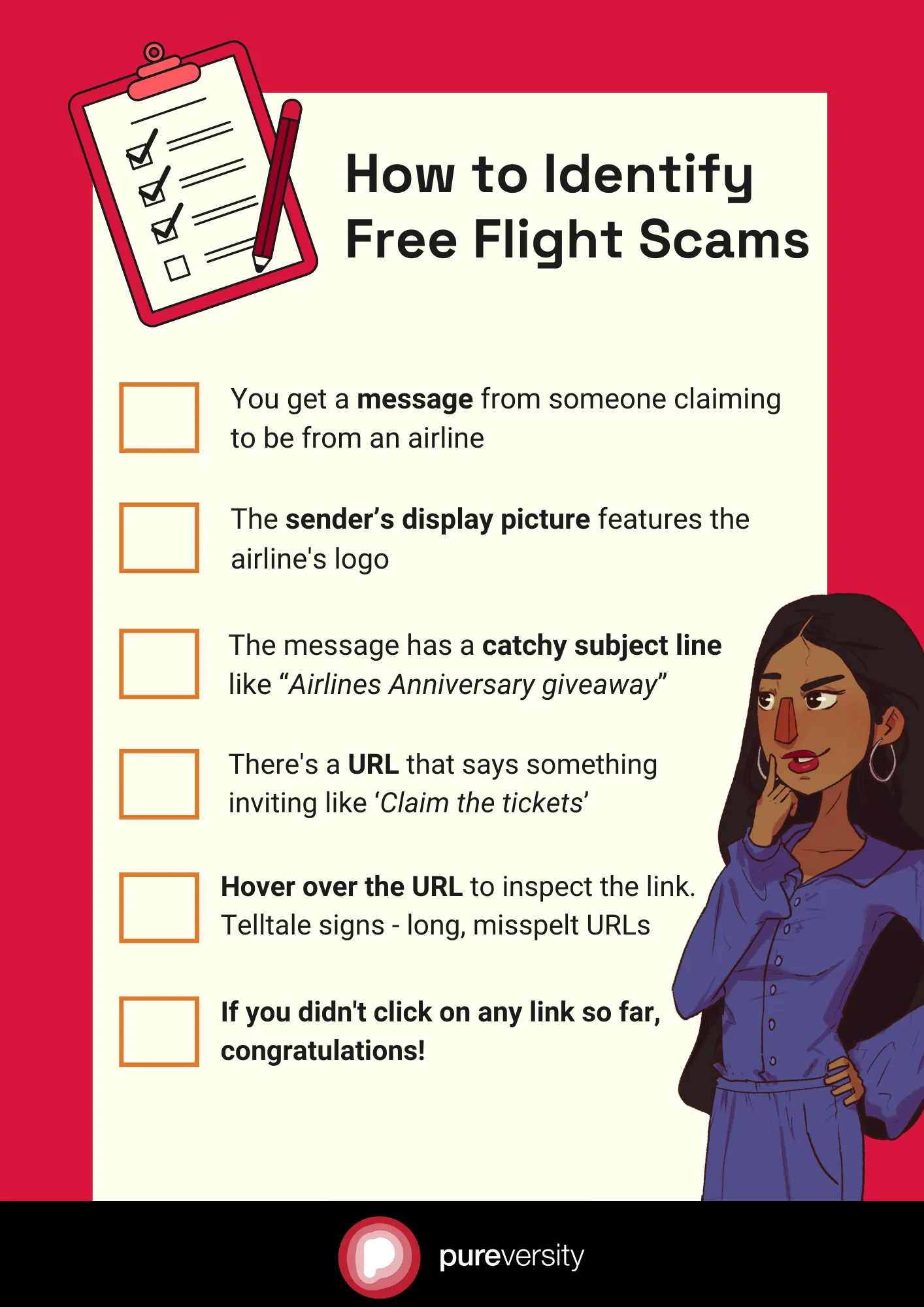 A list of things to do to avoid falling victim to a free flight scam on WhatsApp