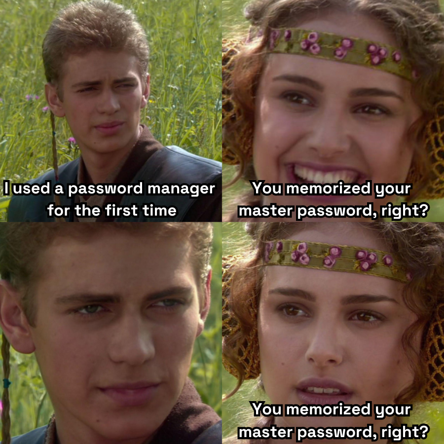 The Anakin and Padme meme takes on master passwords and password manager habits.