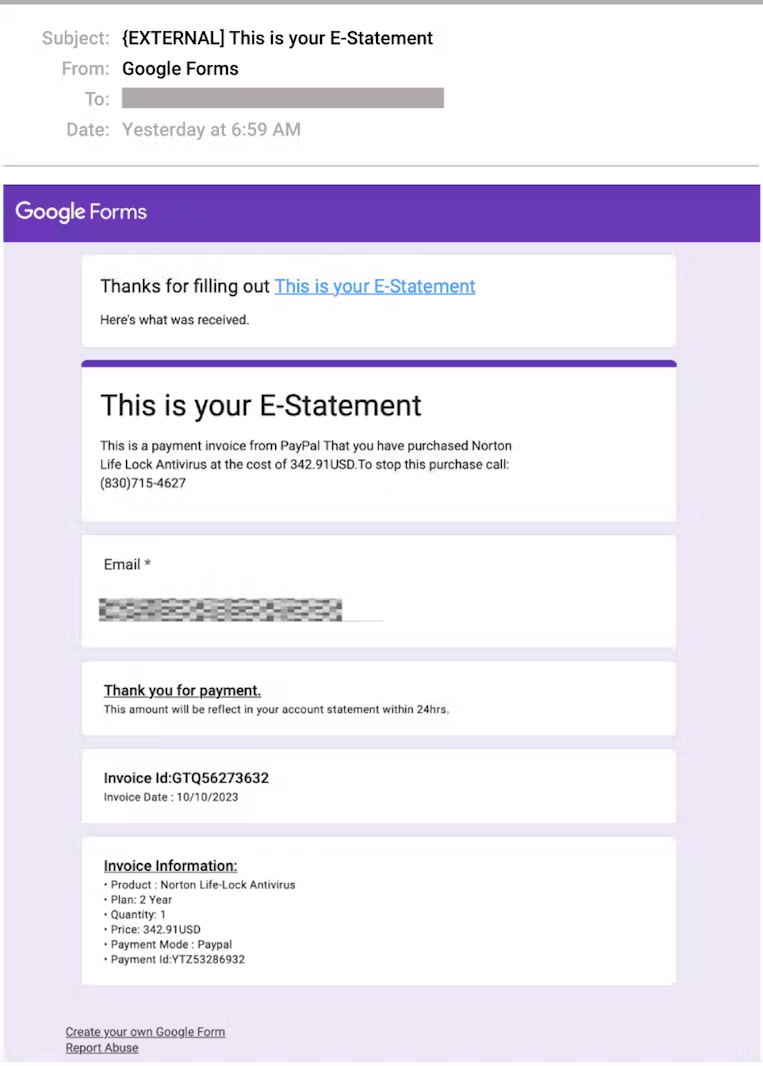 The Google Forms sample used to launch BazarCall attack