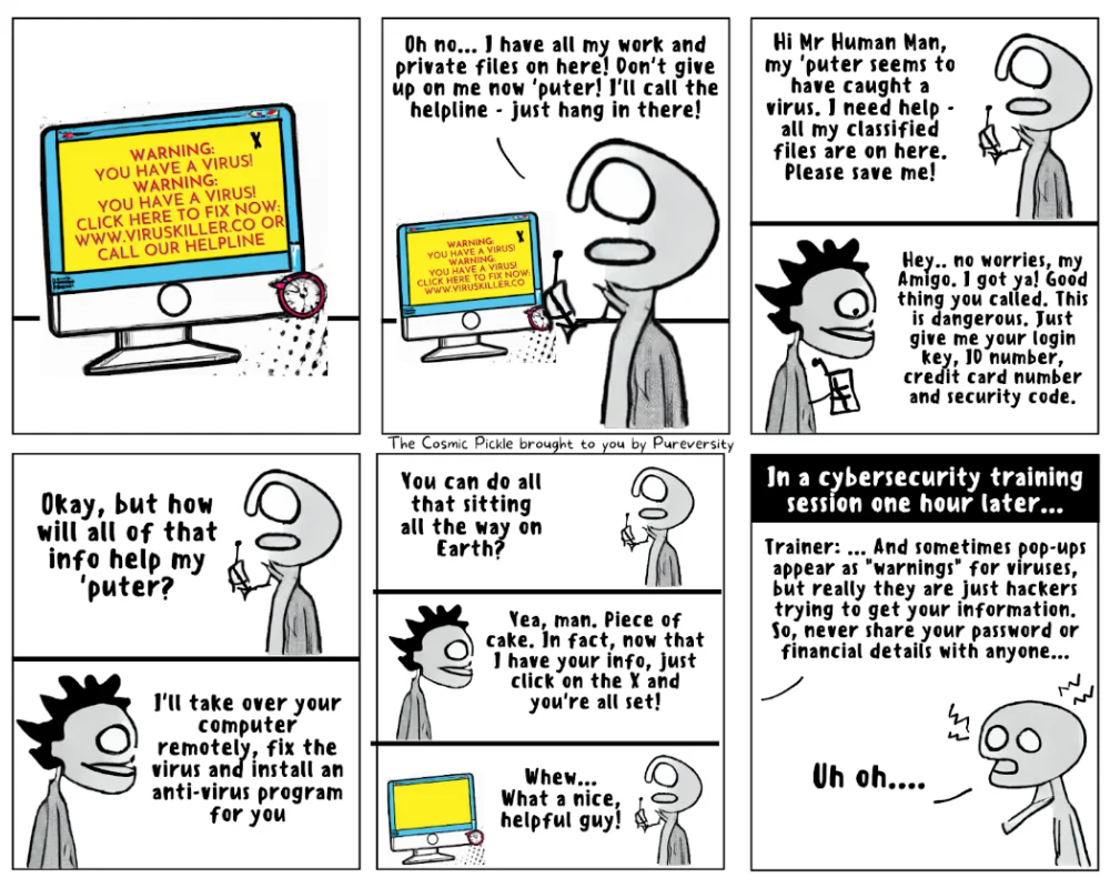 This comic strip explains how a scareware scam works