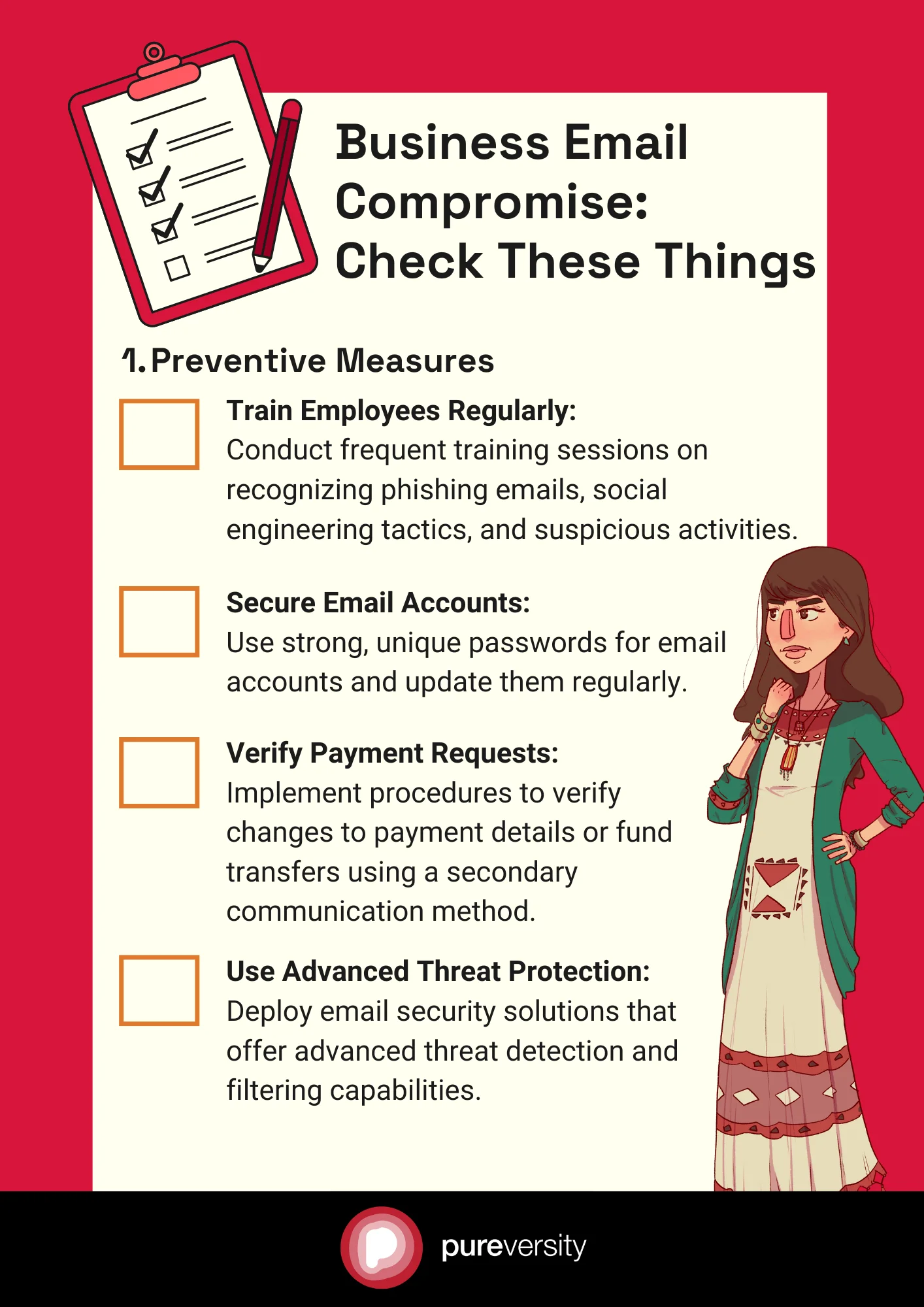 A business email compromise infographic laying out preventive tips