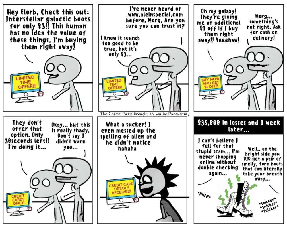This comic strip explains how a fake shopping scam happens