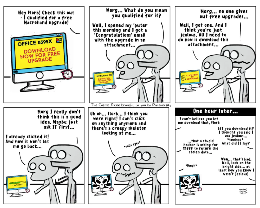 This comic strip explains how a ransomware scam works