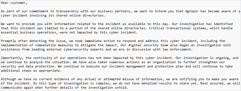 tip regarding Agropur facing data breach