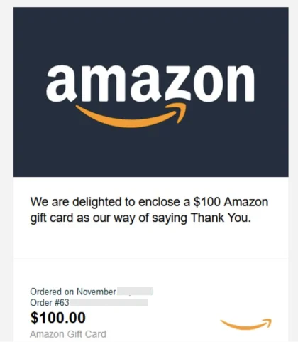 A typical phishing email that offers fake gift card codes for Amazon.
