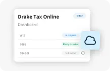 Drake Tax Online dashboard shows return statuses, with a cloud icon indicating online access.