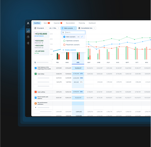 Dashboard view of Agicap Cash Flow Forecasting Software showing real-time cash positions and scenario planning tools.