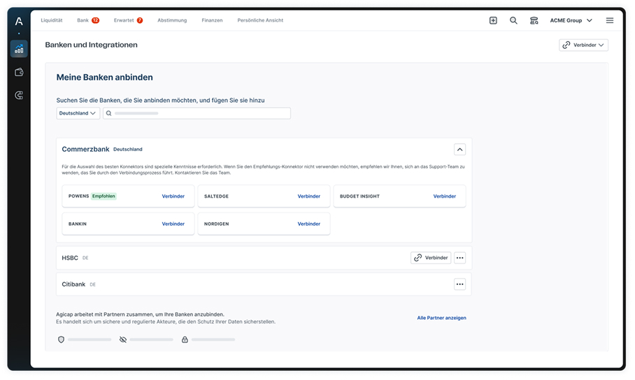 Agicap's dashboard about bank integration