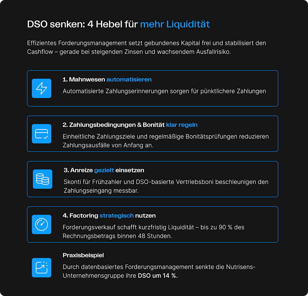Infografik zur DSO-Reduzierung: Vier Maßnahmen für mehr Liquidität – automatisiertes Mahnwesen, klare Zahlungsbedingungen, finanzielle Anreize, Factoring sowie ein Praxisbeispiel der Nutrisens-Unternehmensgruppe.