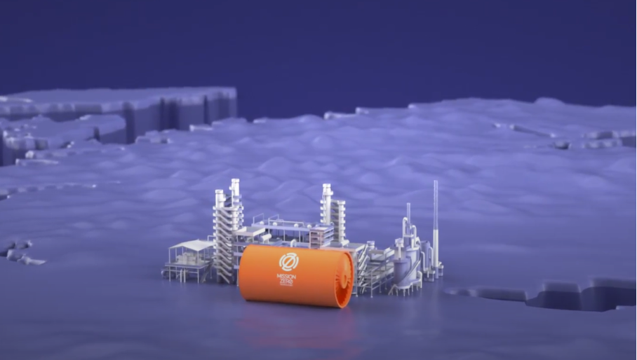 Industrial refinery complex with orange tank, surrounded by miniature cityscape in blue tones, resembling a model or 3D render.