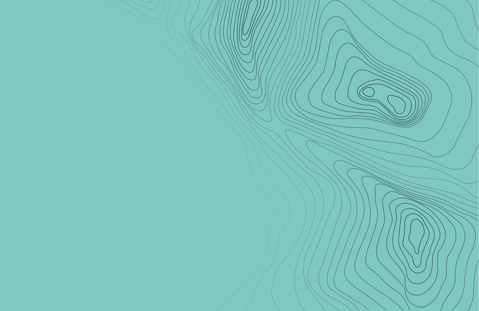 Topographic map contour lines on teal background, showing elevation patterns in upper right and lower left corners.