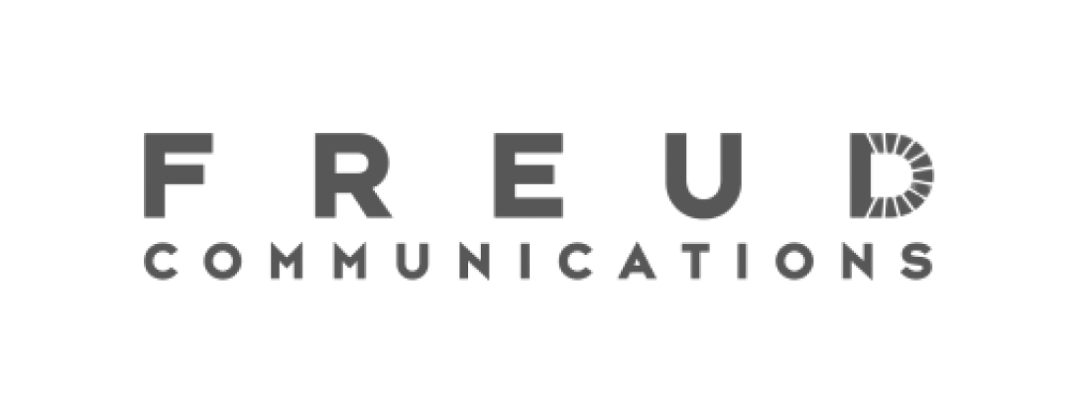 Logo for Freud Communications featuring bold uppercase letters with a stylized letter D resembling a rising sun or fan shape.