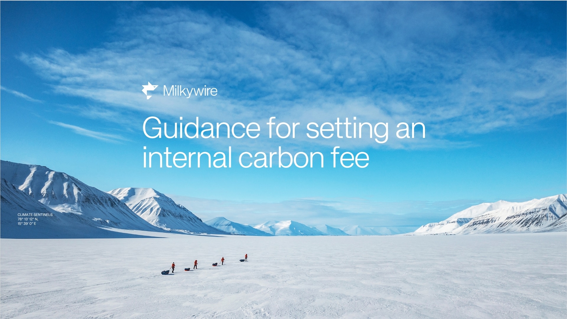 Snow-covered landscape with distant mountains and dog sleds, overlaid with text about internal carbon fee guidance.