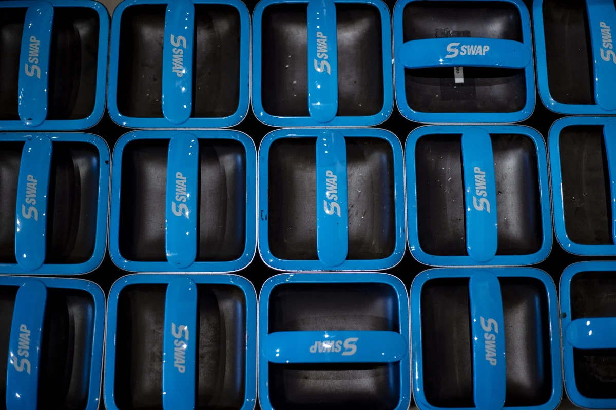 Close-up of blue action camera cases labeled "Sswap", arranged in rows forming a grid pattern.