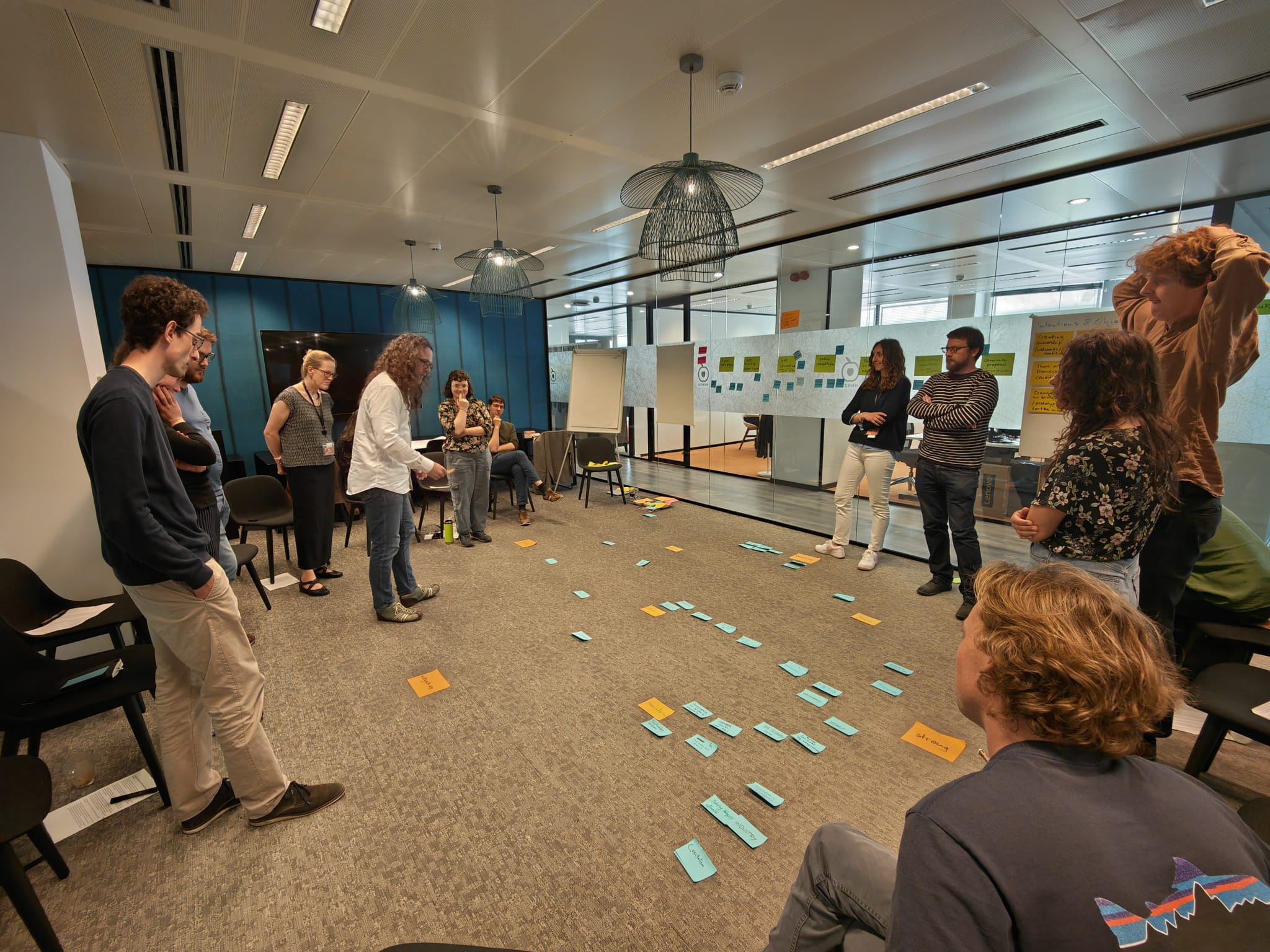 Group engaged in workshop activity with colorful sticky notes spread on floor, standing in modern office space with blue walls.