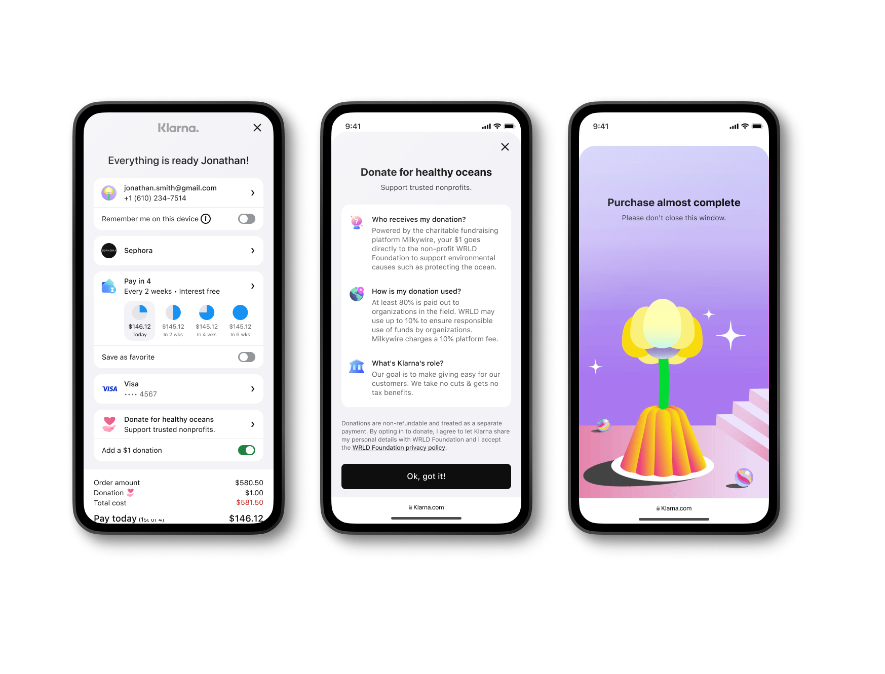 3 mobile screens showing the user flow for top-up to climate with Klarna