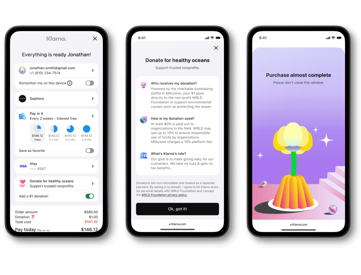 3 mobile screens showing the user flow for top-up to climate with Klarna