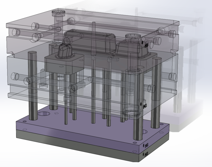 I designed a family injection mold with inserts, ejection and water cooling lines