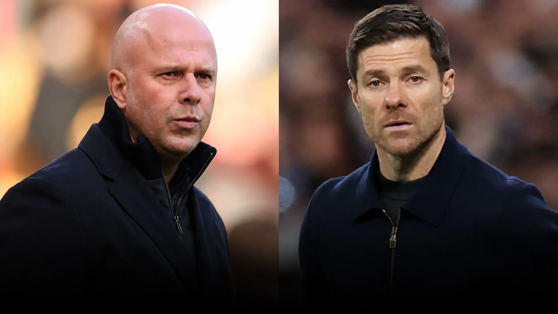 A split-screen editorial-style image featuring Arne Slot on the left and Xabi Alonso on the right, both presented in a serious, focused managerial context. The composition highlights the growing narrative around Premier League coaching dynamics, contrasting Slot’s current role at Liverpool with Alonso’s rising reputation as one of Europe’s most promising tactical minds. The visual underscores themes of managerial pressure, succession debates, and strategic direction within top-level English football.
