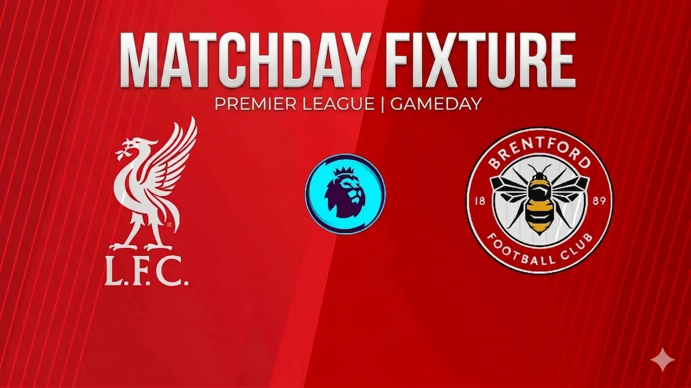 Une image sur fond rouge divisée en deux nuances par une ligne diagonale, présentant une affiche de match de la Premier League. En haut, le titre overlay affiche en lettres blanches capitales « MATCHDAY FIXTURE » suivi de la mention « PREMIER LEAGUE | GAMEDAY ». Au centre, on retrouve de gauche à droite : le logo blanc du club de Liverpool FC (le Liver Bird avec l'inscription L.F.C.), le logo circulaire bleu de la Premier League avec sa tête de lion couronnée, et le logo circulaire rouge et blanc du club de Brentford FC représentant une abeille.