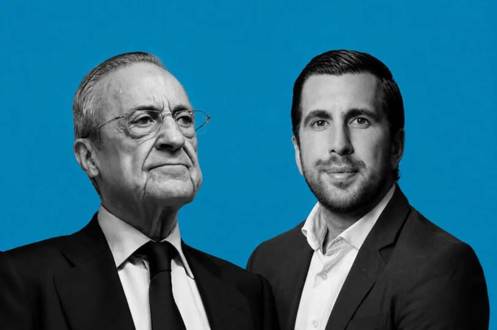 A conceptual editorial scene illustrating the growing political tension within Real Madrid’s leadership sphere. On one side, Enrique Riquelme, businessman and head of Grupo Cox, representing a new generation of global corporate influence; on the other, Florentino Pérez, long-standing president of Real Madrid, symbolizing institutional continuity and established power. The composition reflects the broader debate around the future of the Real Madrid presidency, set against the backdrop of the Santiago Bernabéu and the evolving dynamics of European football governance.