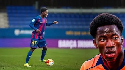 Spain U17 and Barça Atlètic attacking midfielder Ebrima Tunkara controlling the ball with his left foot during the Euro U17 tournament.