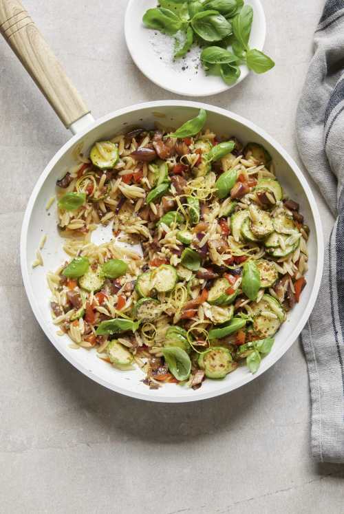 Warm Mediterranean Aubergine And Basil Orzo Salad