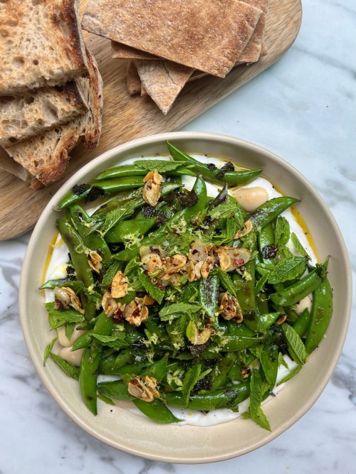 Grilled Sugar Snaps, Lemon Yoghurt & Crispy Garlic