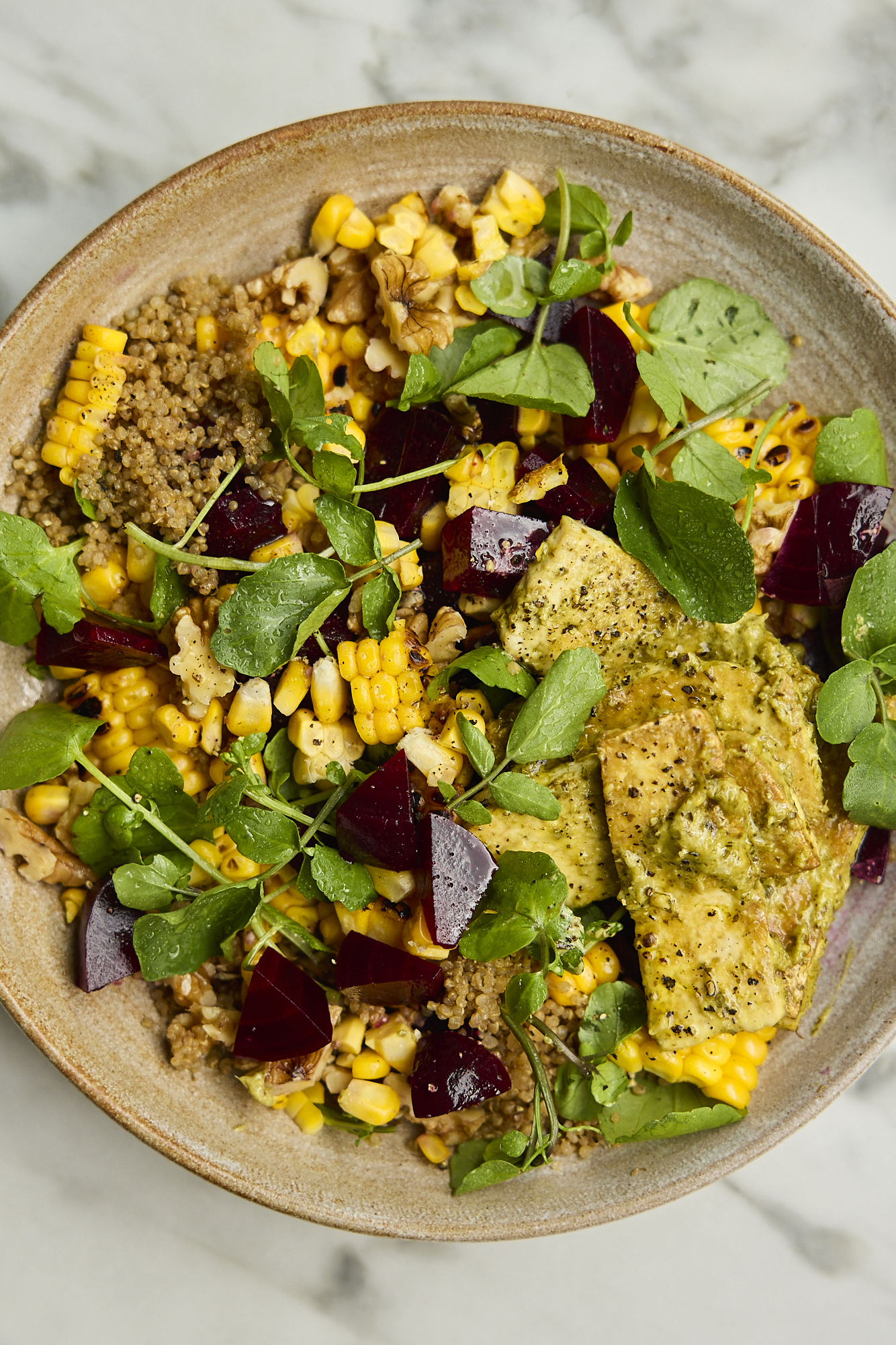 Charred Corn, Pesto Tofu & Beetroot Salad