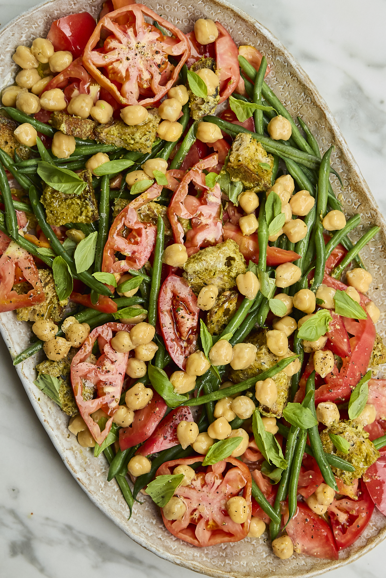 Green Bean & Tomato Salad with Pesto Croutons